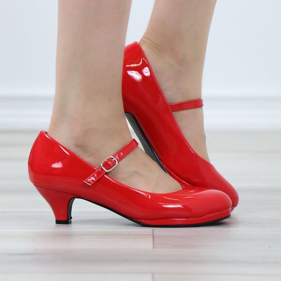 Red Patent Rockabilly Vintage Style Round Toe Kitten Low Heel Shoes - Picture 3 of 12